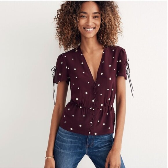 Madewell Tops - Madewell Burgundy V Neck Sheer Star Print Silk Slip Top 4 Preppy Constellation